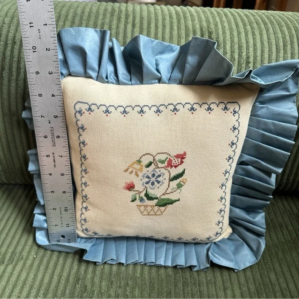 Vintage Floral Throw Pillow 15 X 15 Cottagecore Embroidery Floral Needlepoint